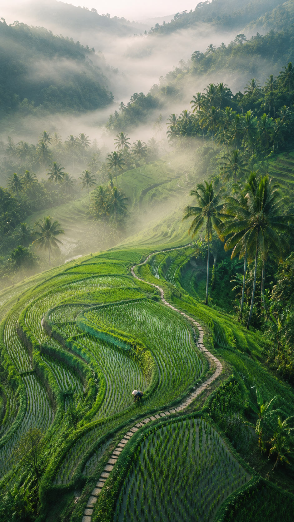 Misty Bali rice terraces and jungle palms at sunrise