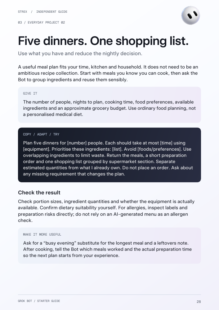 Actual guide page 28, the meal planning project