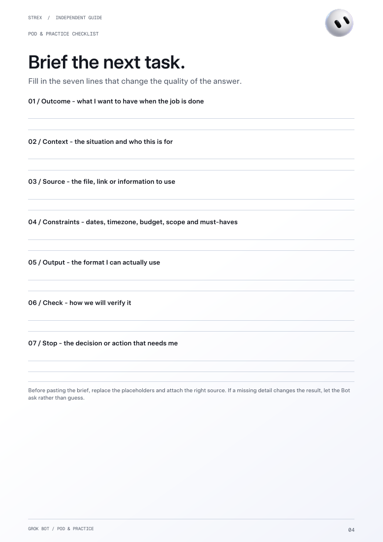 Actual checklist page 4, the task brief worksheet